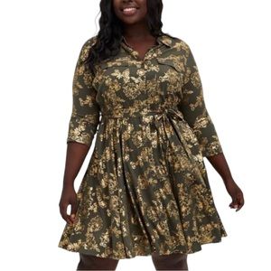 Torrid Olive Green with Gold Shiny Foil Challis Shirt Dress - Torrid 2 US 16/18